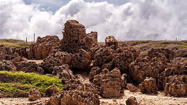 Rugged volcanic rock formations and desert vegetation under a cloudy sky