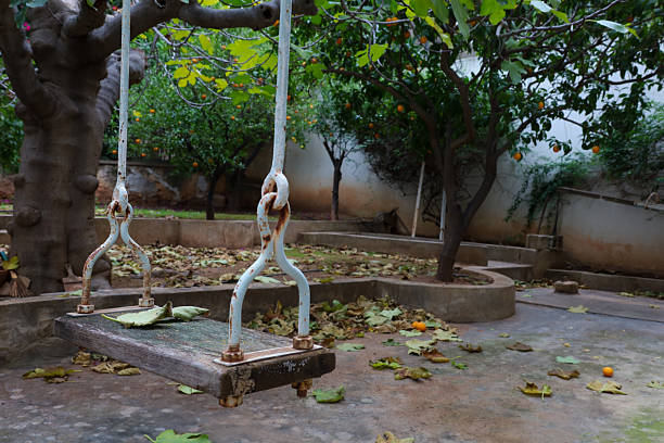 A rusty old swing in a garden filled with fallen fig leaves and oranges. A still moment that evokes memory, childhood, and change.