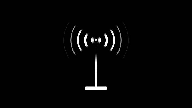 A white WiFi router antenna on a black background with signal waves emanating from it, representing internet connectivity and communication.