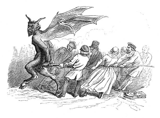 An intricate vintage engraving depicting a crowd of people locked in a physical struggle, pulling the long tail of a horned and winged devil in a symbolic tug-of-war, representing a moral or proverbial battle, old vintage illustration, 1845.
