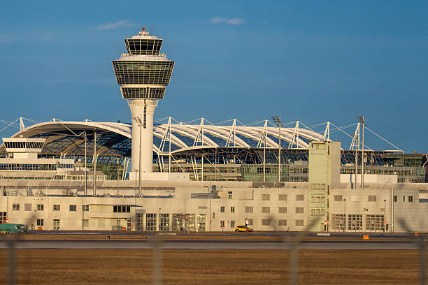 istock Panoramic view of Munich Airport infrastructure featuring the control tower and modern terminal buildings. 2255409294