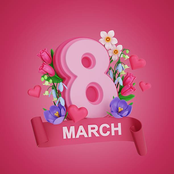A 3D figure eight surrounded by tulips, daffodils, lilies of the valley, crocuses, snowdrops, and hearts on a red background.