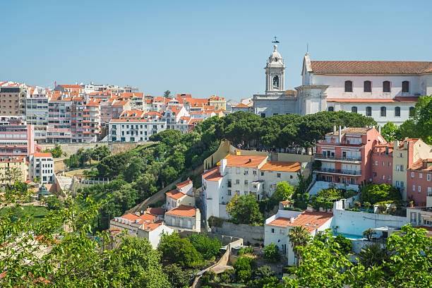 Panoramic blue skies  above the terracotta rooftops in the heart of Lisbon, Portugal’s vibrant capital city.