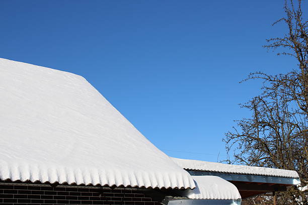 Snow lies thick on the roofs of buildings under a clear blue sky. The sunlight shines brightly, creating a contrast with the white snow. Trees are visible in the background.