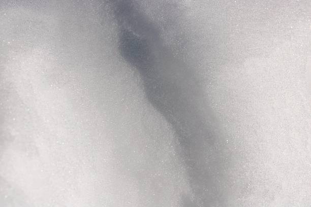 Snow covers the landscape, creating a soft texture. A narrow path cuts through the white layer. The sunlight shines on the surface, giving a slight shimmer.