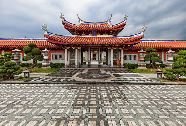 Front view of Lian Shan Shuang Lin Monastery in Singapore with traditional Chinese architecture and symmetrical courtyard.