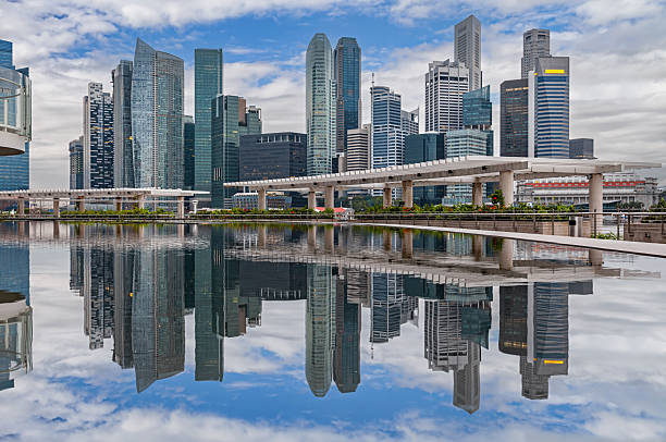 Modern Singapore skyline reflected in calm water.