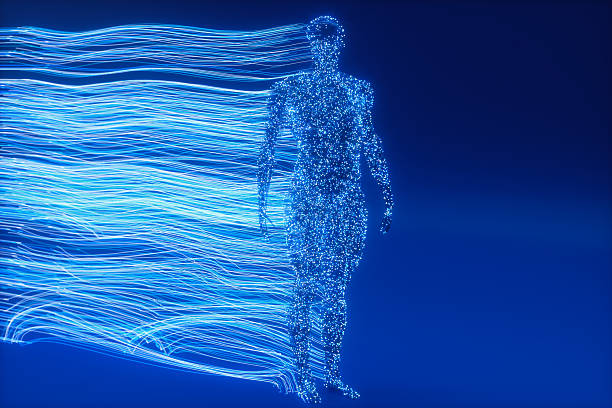 Abstract Digital Human Figure Formed by Flowing Blue Data Streams on Futuristic Background