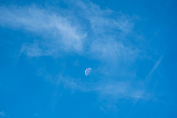 Photo of blue sky with thin high clouds. Moon is seen in frame. Shot under daylight with a full frame mirrorless camera. No people are seen in frame.