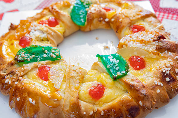 Roscón de reyes in close range, Artisanal cake. Delicious and really amazingly made.