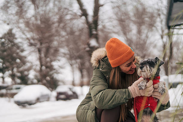 istock Young woman bonding with miniature schnauzer in winter 2255436253