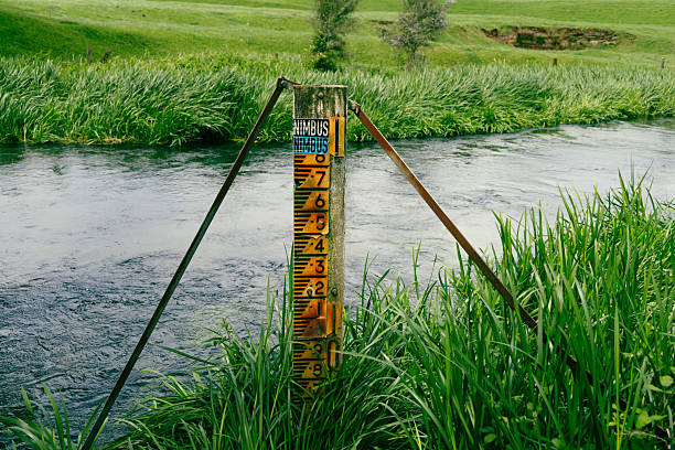 Outdoor staff tracks stream depth near countryside bank water level measure