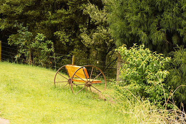 Old seat rests quietly near dense foliage wagon wheels metal vintage antique