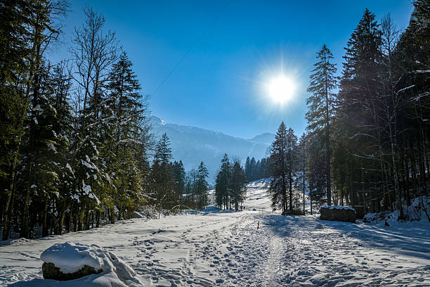 Walking trail through Melchtal valley in Swiss Alps during beautiful winter day