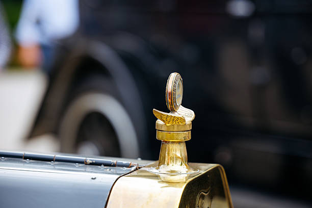 Velden, Austria - August 30, 2025: Classic car hood ornament with a detailed winged design, highlighting vintage automotive artistry at an Oldtimer Festival