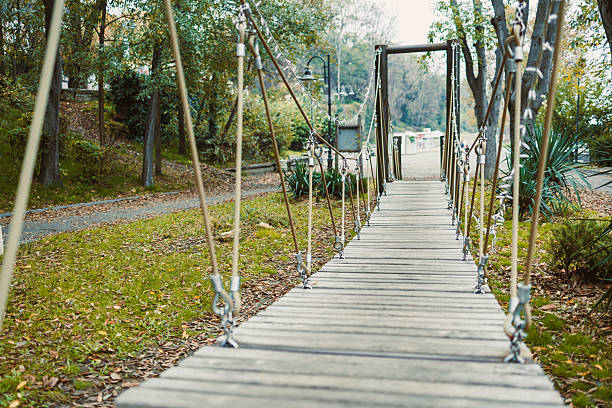 A charming wooden suspension bridge spans across a lush green area, guiding visitors towards a peaceful park while surrounded by trees and distant water, a perfect escape into nature.