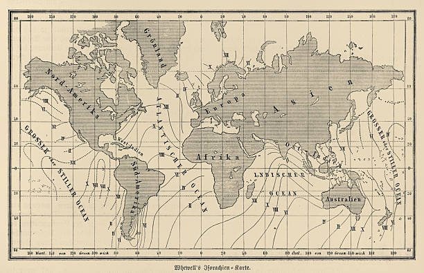 istock World map showing Whewell’s cotidal lines and tidal phases across the oceans – 19th-century engraving 2255458604