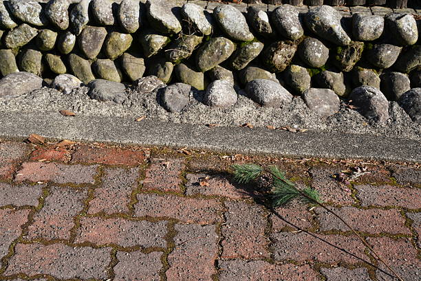 A brick walkway with a stone wall on the side. A small tree is laying on the ground in front of the wall