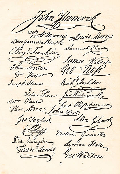 The Declaration of Independence, showing the original edited copy, signed by the Founding Fathers of the United States. Number 7 in a series of 8 pages. Engraving published 1874. Copyright expired; artwork is in Public Domain.