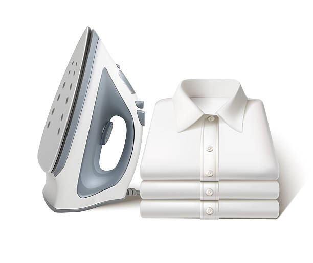 realistic vector icon illustration. ron with stack of white shirts. Isolated on white background.