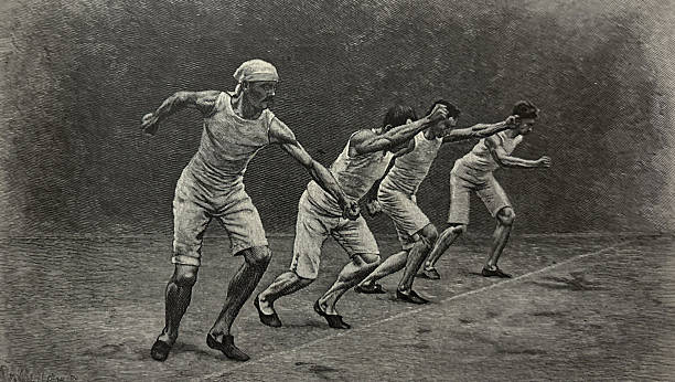 Antique illustration pre 1900 - men lining up to run a foot race
