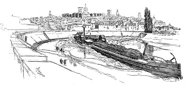 Antique illustration pre 1900 - The river Rhone at Arles overlooking the old town - Buches du Rhone - flat barge boat on river