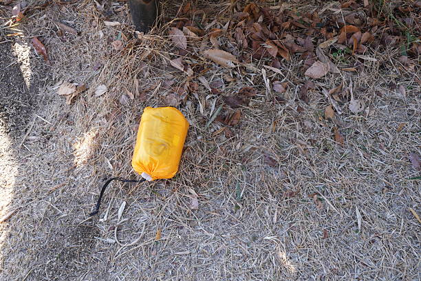 A yellow bag is laying on the ground next to some leaves. The bag is tied to a tree branch