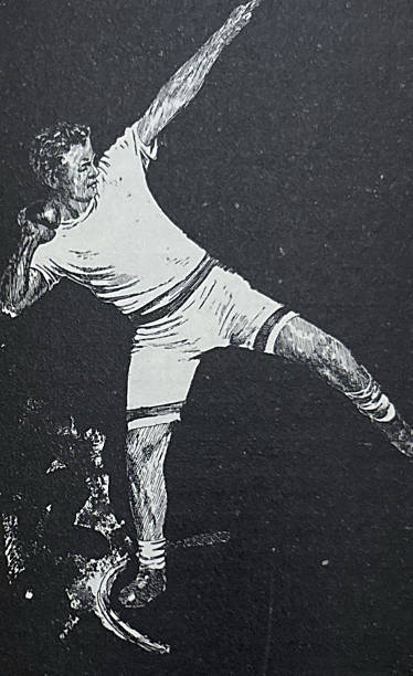 Antique illustration pre 1900 - man attempting to throw a shot put in a track and field event trying to balance
