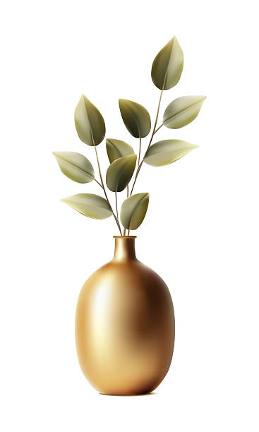 realistic vector icon illustration. Plant in golden vase. isolated on white background.