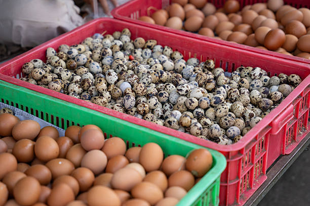 Quail eggs and chicken eggs displayed in plastic crates at an Asian street market, showing local food trade, fresh produce and everyday grocery shopping.