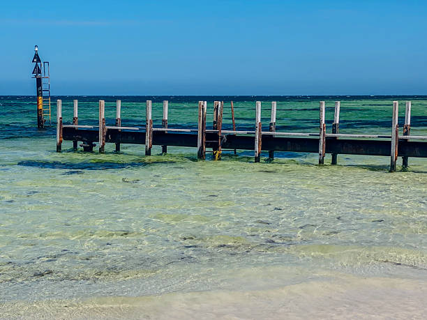 A weathered wooden pier extends into clear turquoise water under a bright blue sky, evoking tranquility and coastal beauty.