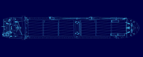 istock Blueprint of a detailed oil tanker container ship wireframe on a blue background, highlighting its complex engineering structure, technical components, and top-down perspective. 2255497736