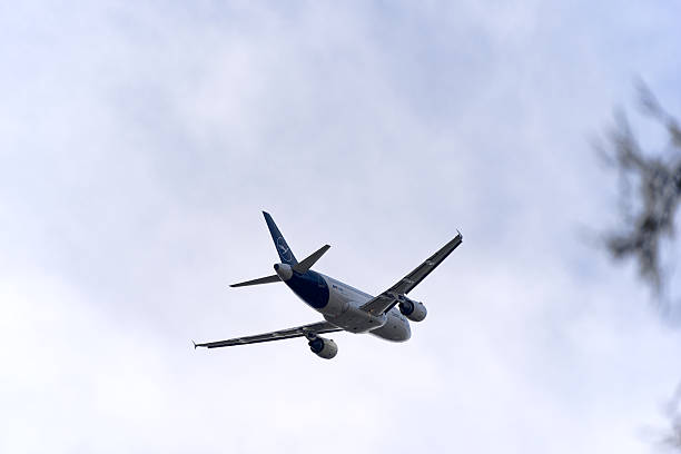 Airplane in the sky, view from below.  Copy space for text.
