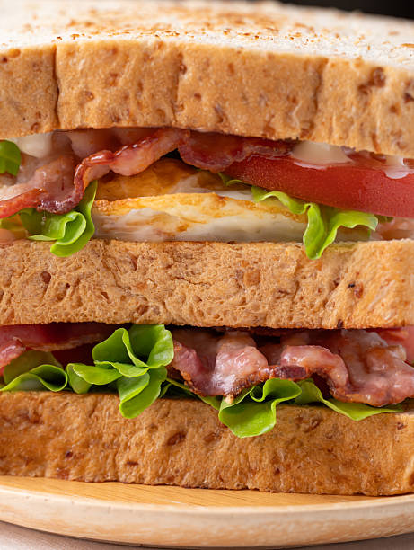 Whole wheat bread sandwich with bacon, lettuce, tomato and fried egg