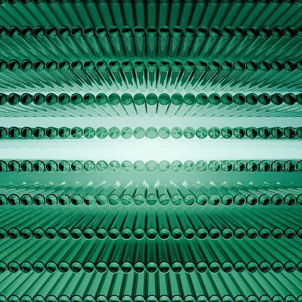 Top-down view of different trays of test tubes with big measuring vessel in medical laboratory.