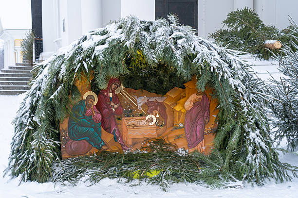 Shuya, Ruassia, January 4 2026. Christmas Nativity scene, festive installation. Resurrection Cathedral in Shuya, Ivanovo Oblast