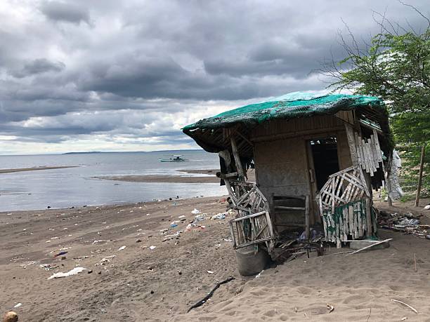 ruined bamboo cottage by the beach was destroyed by strong ocean currents during the recent typhoon.