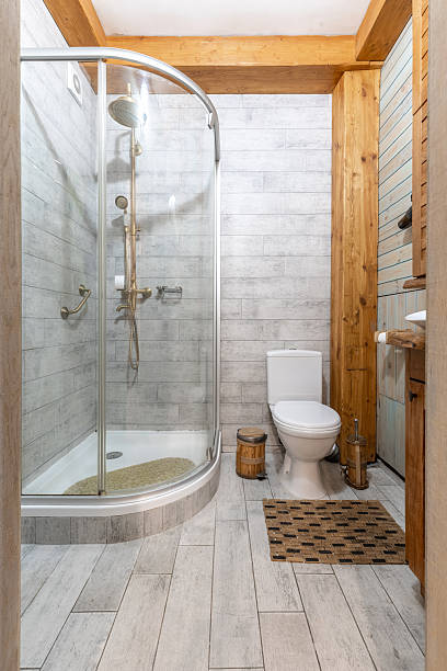 istock Bright rustic bathroom with glass shower stall and timber beams 2255512813