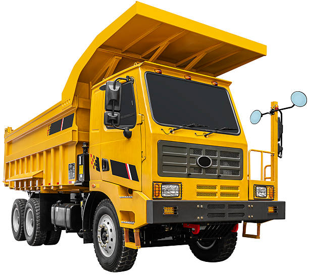 Front view yellow dump truck isolated on white background with clipping path