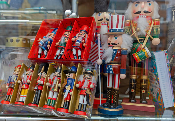 Christmas decorations close-up. Glass toys at the Christmas market.