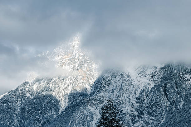 Majestic snow-covered mountain peak under cloudy sky