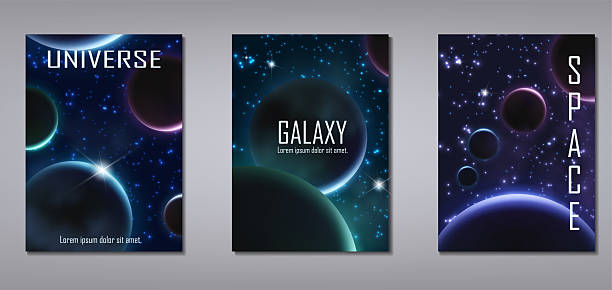illustration. Galaxy banner with neon planets and light starry sky flyer.