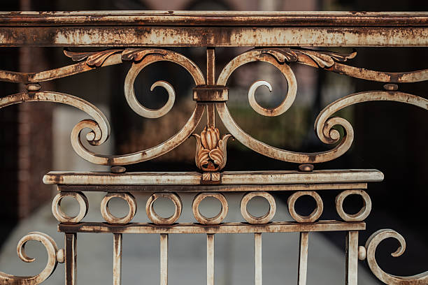 Close-up of an ornate wrought iron fence featuring decorative scrollwork and weathered metal details, photographed outdoors with a softly blurred background.