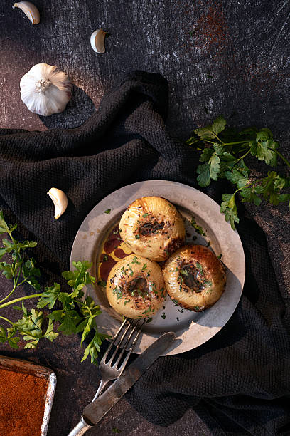 Caramelized Whole Onions On A Dark Rustic Background, Onion Boil