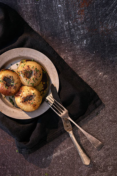 Caramelized Whole Onions On A Dark Rustic Background, Onion Boil