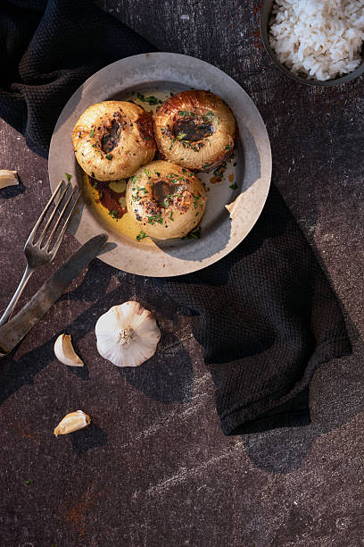 Caramelized Whole Onions On A Dark Rustic Background, Onion Boil