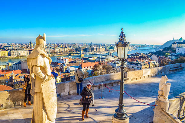 Budapest,Hungary-December 17th 2014:Picturesque Budapest cityscape and Danube riversides looking south at winter seen from Fisherman s Bastion