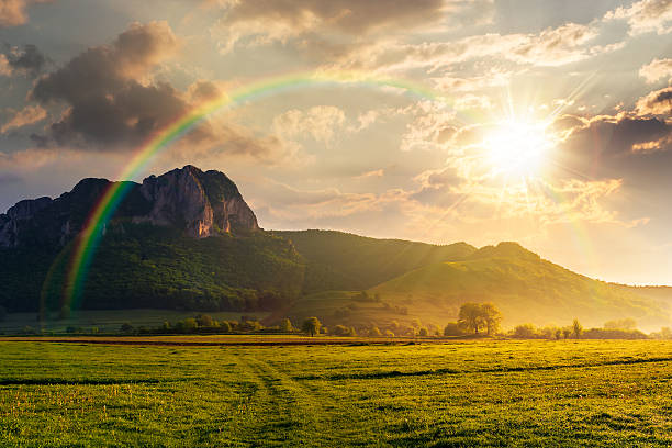 springtime in countryside at sunset. beautiful scenery with green grassy field in evening light. rocky cliff above the forested hill. haze among the trees. storytelling cinematic image under rainbow