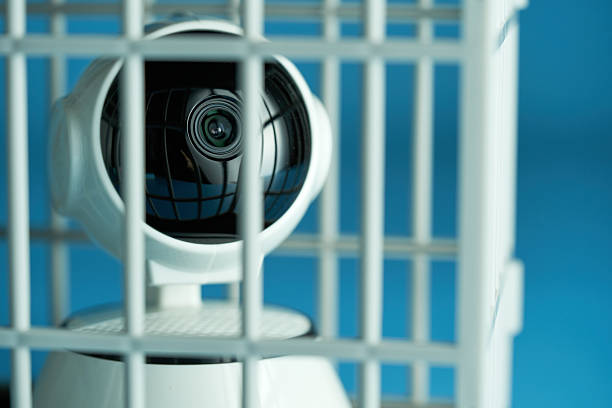 surveillance in a cage against blue background