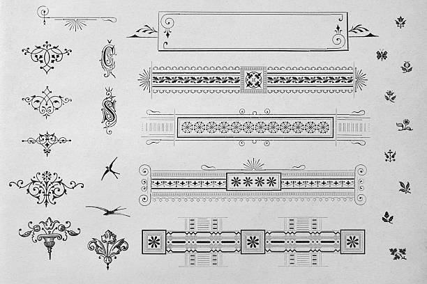 A collection of vintage ornamental borders, frames, and decorative flourishes arranged on a textured paper background published in 1899. The original edition is from the book 